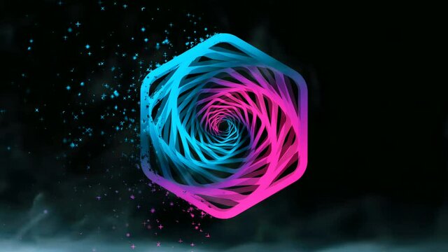 Ultra HD 4K Abstract Spiral shape with modern blue pink gradient on black background looping video with disintegration effect. seamless looping video background.