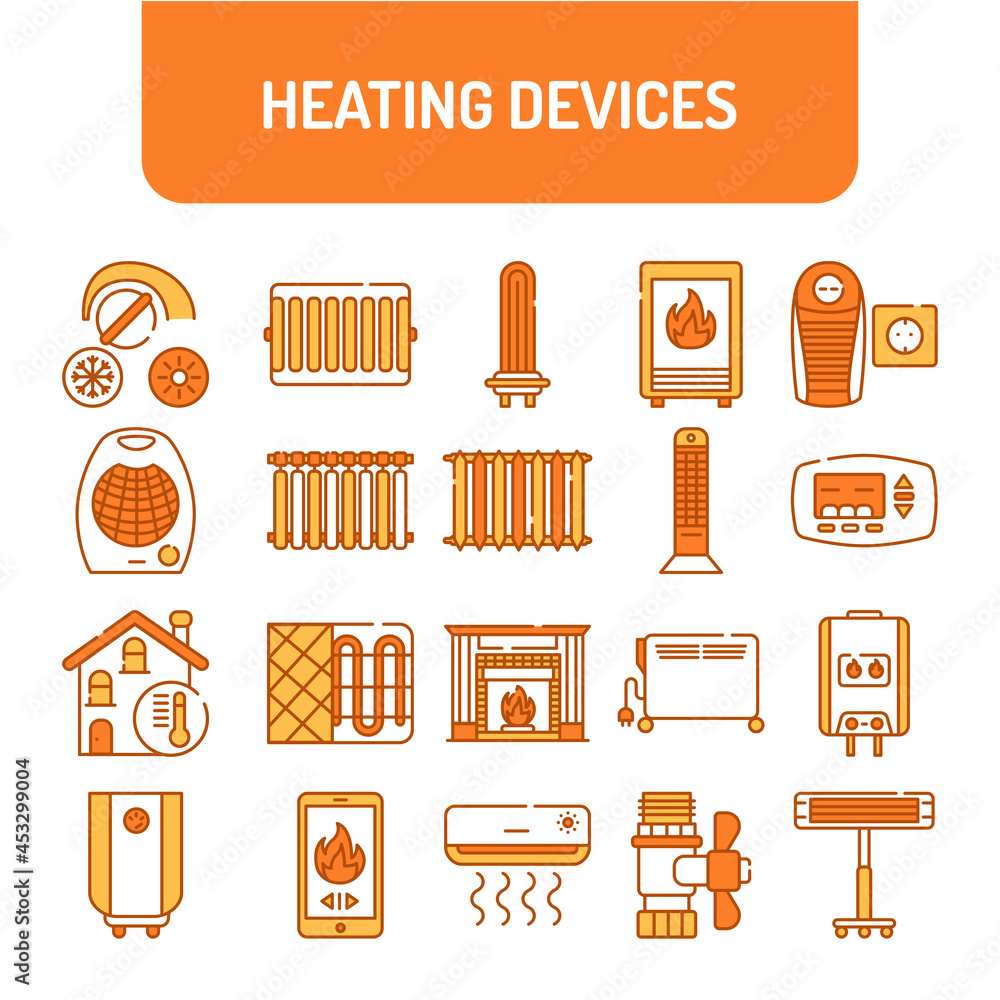 Poster heating devices color line icons set. pictogram for web page