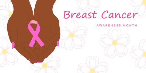 Breast cancer awareness month banner. Hands with pink ribbon. Vector illustration