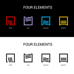 Four Elements of Nature Fire, Air, Water, Earth. Templates for Renewable Energy or Ecology Logos Inscribed in a Square. Abstract Concept of Alternative Energy Sources on Black and White Background