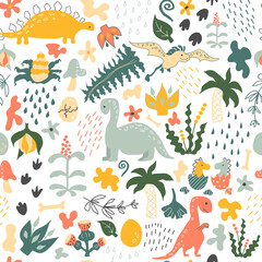 Obraz premium Dino pattern. Vector background. Seamless pattern with dinosaurs, prehistoric plants, spots, traces, raindrops and eggs. Baby print