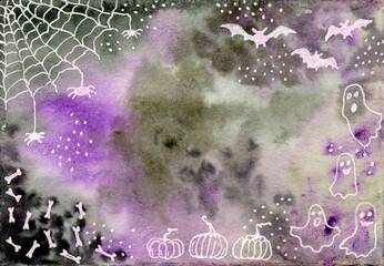 Watercolor Halloween background. Pumpkins, bats, spiders, ghosts and bones. Violet and grey colors. Hand drawn elements