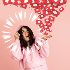 Young beautiful girl and flying notificatons from her hand