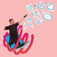 Contemporary art collage of man appearing from laptop and fighting with soicla media addiction