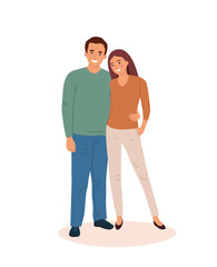 Fototapeta premium Smiling romantic Couple. Young woman and man standing together embracing. Flat style cartoon vector illustration.