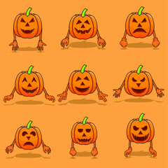 Set of pumpkins halloween with hand and shadow isolated vector illustration. pumpkin halloween bundle design can use for mascot, icon, web, poster, banner, flyer, pamphlet, leaflet, brochure, catalog