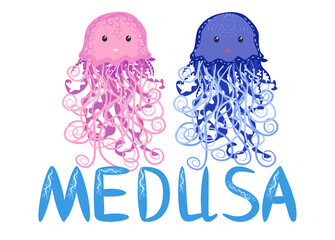 Funny jellyfish hand drawn and signed title. Cute marine life, Scandinavian style, detailed