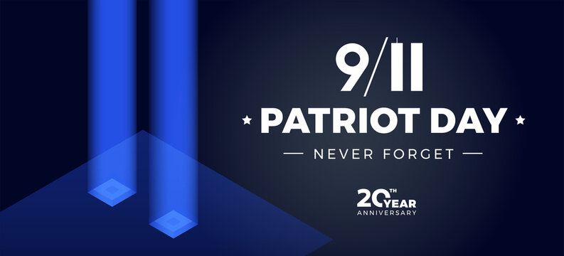 9 11 Patriot Day memorial 20th anniversary banner - vector illustration 911 twin towers in blue lights