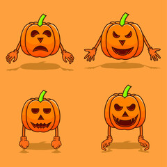 Set of pumpkins halloween with hand and shadow isolated vector illustration. pumpkin halloween bundle design can use for mascot, icon, web, poster, banner, flyer, pamphlet, leaflet, brochure, catalog
