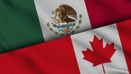 Mexico and Canada Flags Together, Wavy Fabric, Breaking News, Political Diplomacy Crisis Concept, 3D Illustration