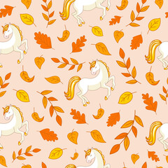 Autumn seamless pattern with a unicorn and leaves. For fabric, wrapping paper, background, wallpaper