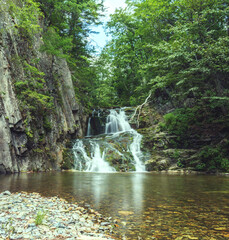 Fototapeta na wymiar A forest waterfall on a mountain river. Volcanic rocks. Summer.