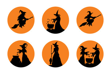 Halloween vector sticker set with witches. Decoration for Halloween party.