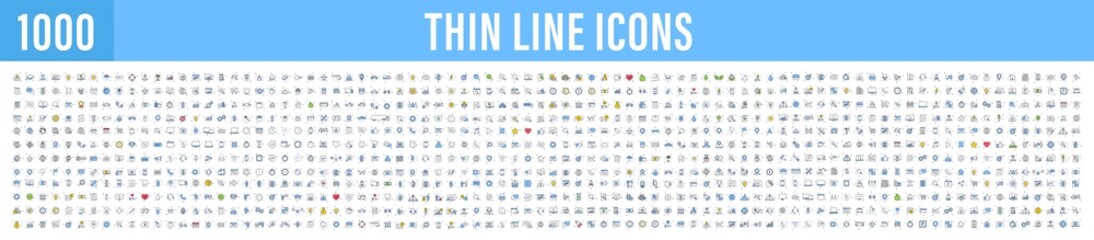 Big set of 1000 thin line Web icon. Business, finance, shopping, logistics, medical, health, people, teamwork, contact us, arrows, electronics, social media, education, management, creativity. Vector.