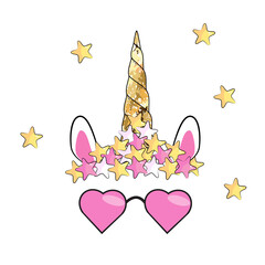 Cute unicorn with floral wreath, slogan and gold glitter elements