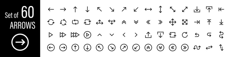 Fototapeta na wymiar Arrows set of 60 black icons. Arrow icon. Arrow vector collection. Arrow. Cursor. Modern simple arrows. Vector illustration. 