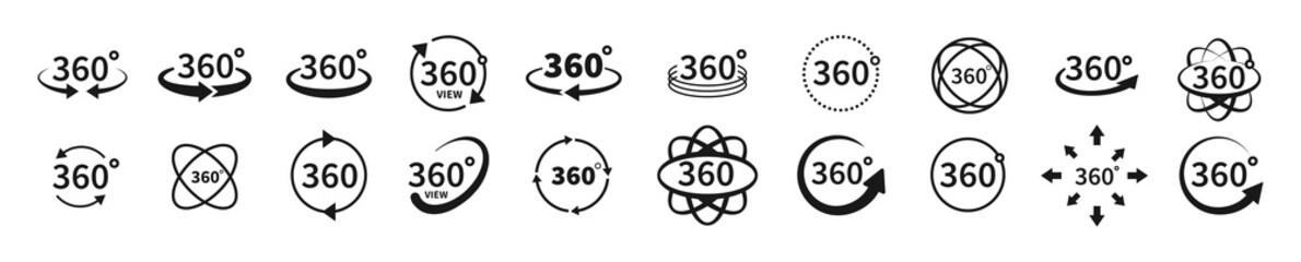 360 degree views of vector circle icons set isolated from the background. Signs with arrows to indicate the rotation or panoramas to 360 degrees. Vector illustration. - obrazy, fototapety, plakaty