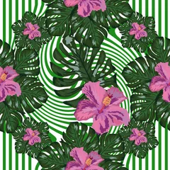 Gordijnen Tropische Bladeren Tropical flowers and palm leaves on background. Seamless.  © MichiruKayo