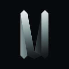 Letter M logo.Typographic signature icon.Lettering sign isolated on dark fund.Alphabet initial.Elegant, luxury, decorative, geometric style.Metallic silver color.