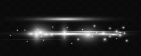 White horizontal lens flares pack. Laser beams, horizontal light rays.Beautiful light flares. Glowing streaks on dark background. Luminous abstract sparkling lined background.