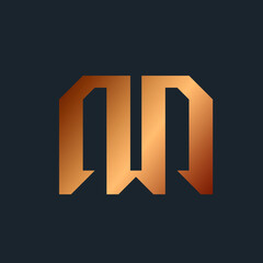 Letter M logo.Typographic signature icon.Lettering sign isolated on dark fund.Alphabet initial.Elegant, luxury, decorative, geometric style.Metallic gold color.