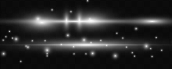 White horizontal lens flares pack. Laser beams, horizontal light rays.Beautiful light flares. Glowing streaks on dark background. Luminous abstract sparkling lined background.