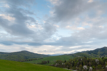 View of the villages of Tysków and Radziejów and the peaks of the high Bieszczady Mountains, Bieszczady Mountains, Baligród