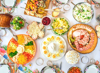 Traditional Ukrainian table for Easter, with a variety of dishes