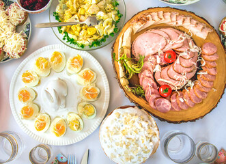 Traditional Ukrainian table for Easter, with a variety of dishes