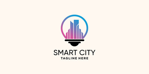 Smart city logo design for technology construction with light bulb style and modern concept