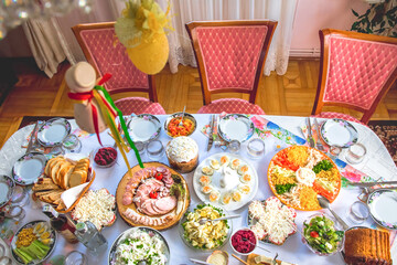 Traditional Ukrainian table for Easter, with a variety of dishes