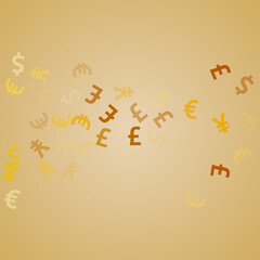 Euro dollar pound yen golden signs scatter currency vector background. Income backdrop. Currency