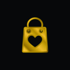 Bag With A Heart gold plated metalic icon or logo vector