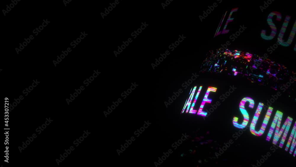 Poster summer sale colorful glitch text effect 3d tube animation loop with flicker light. 4k 3d seamless lo