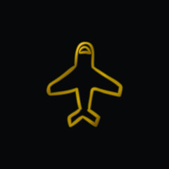 Airplane Outline Pointing Up gold plated metalic icon or logo vector