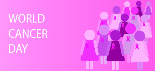 Illustration of Pink ribbon breast cancer sign with women on a pink background, World cancer day concept.