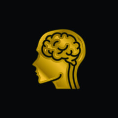 Brain gold plated metalic icon or logo vector
