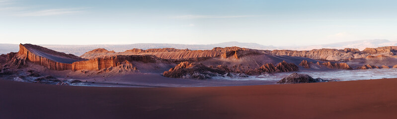 Fototapeta na wymiar Panorama of Moon Valley in Atacama Desert at sunset, Chile