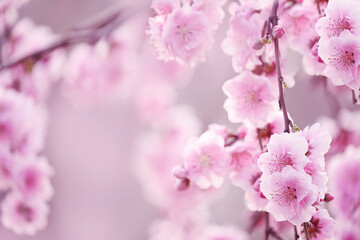 A branch with delicate pink flowers of a peach tree in bright sunlight against a blue sky. soft selective focus. Spring flowering of fruit orchards. 