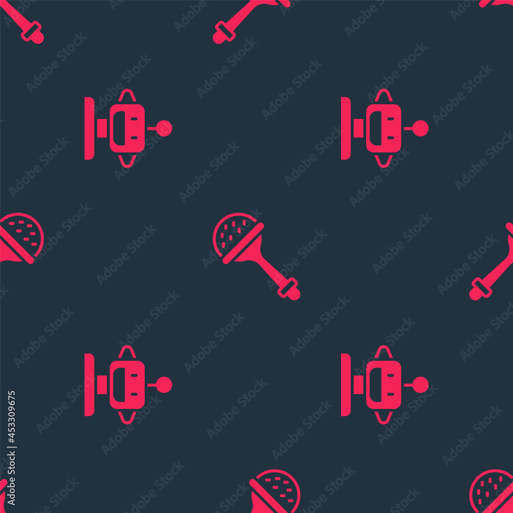 Poster set robot toy and rattle baby on seamless pattern. vector