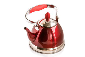 Bright burgundy red teapot for tea on an isolated white background. 