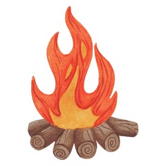Hand drawing watercolor isolated tourist campfire. Use for poster, flyers, print, postcard, template, print, pattern, shop, advertising, stickers