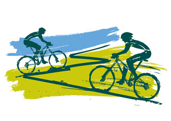  Mountain bikers, cycling race.
 Expressive grunge stylized illustration of mountain bike cyclists. Vector available. - obrazy, fototapety, plakaty