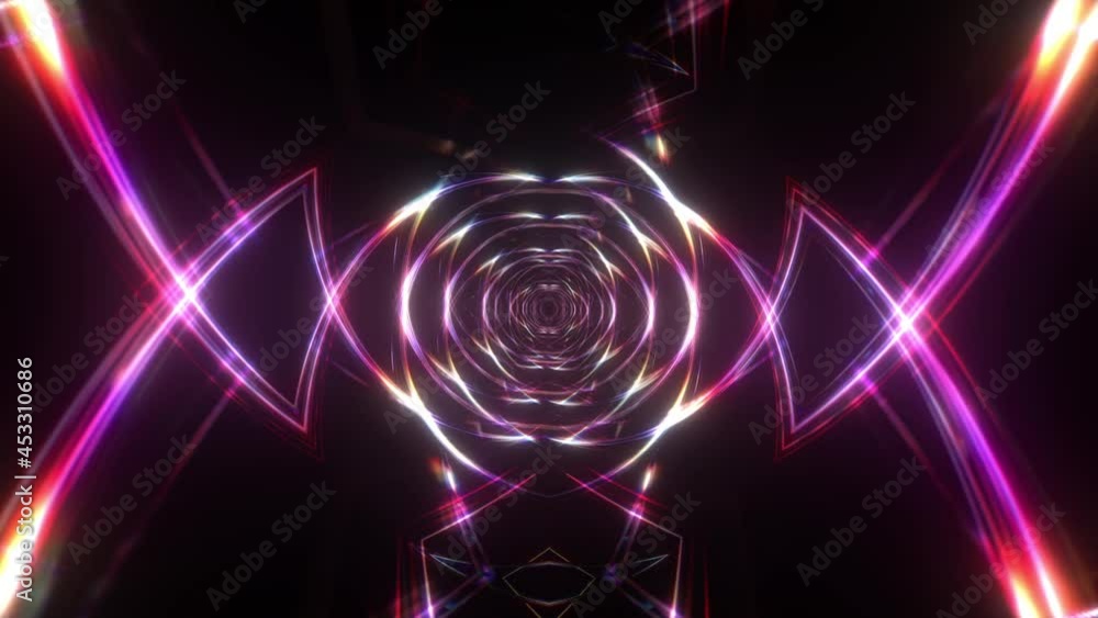 Poster seamless loop animation of colorful blue and red neon light trails moving in the matrix tunnel for t