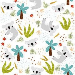 Seamless pattern with funny koala. Jungle kids prit. Vector hand drawn iustration. © bilaaa