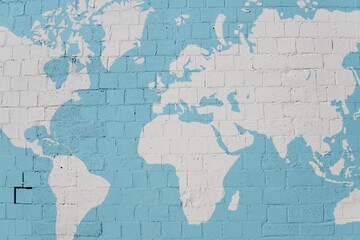 World map painted on blue brick wall, knowledge of the world, travel concept.