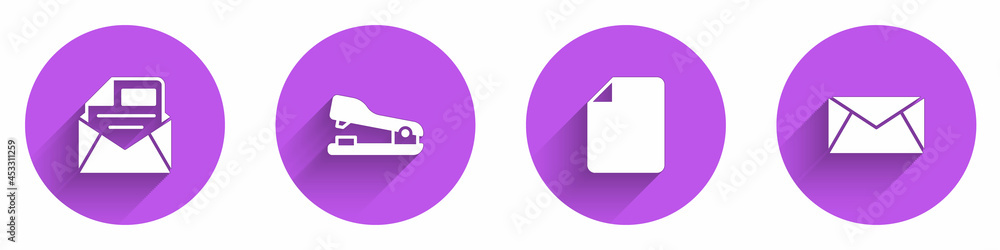 Poster set mail and e-mail, stapler, file document and icon with long shadow. vector