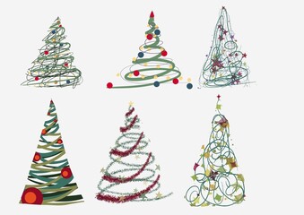 christmas tree set of different new year’s tree. Hand drawing, cartoon style pattern. Decorating elements for background 