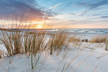 Fototapety  Trawa na plaży na wydmie, Morze Bałtyckie o zachodzie słońca