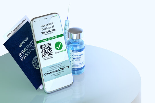Health passport with certificate of vaccination against covid-19 disease. Coronavirus negative test, green vaccine certification with QR code on mobile phone. Vaccine, immunity, safe travel 3D concept
